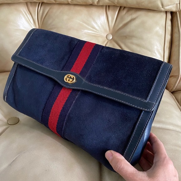 Gucci Handbags - Oversized GUCCI Vintage Suede Clutch Bag Cosmetic/Toiletry/Travel Web Stripe